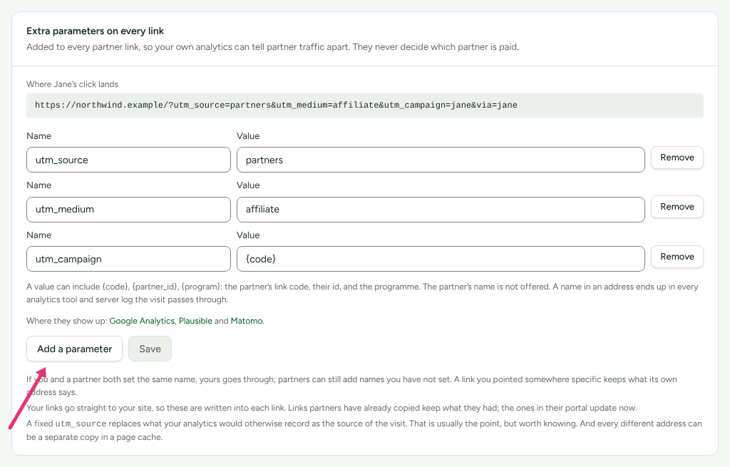 The Extra parameters on every link card, showing where Jane's click lands, with an arrow at Add a parameter.