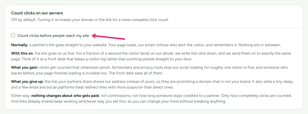The Count clicks on our servers card, explaining what you gain and what you give up, with an arrow at Count clicks before people reach my site.