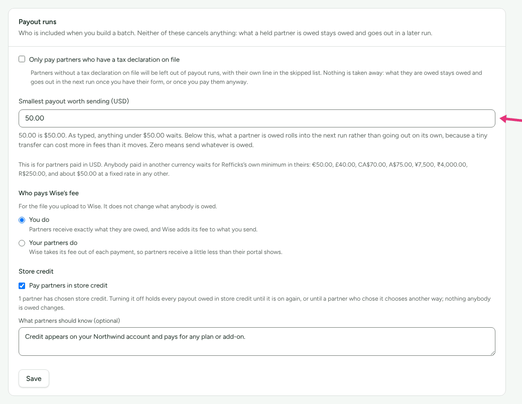 The Payout runs card on Settings › Partners and payouts › Payout runs, with the tax switch, the minimum, Wise's fee and store credit, and an arrow at the minimum.
