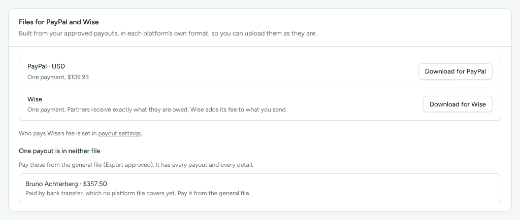 The Files for PayPal and Wise card, with a download for each platform and the approved payouts that are in neither file listed with why.