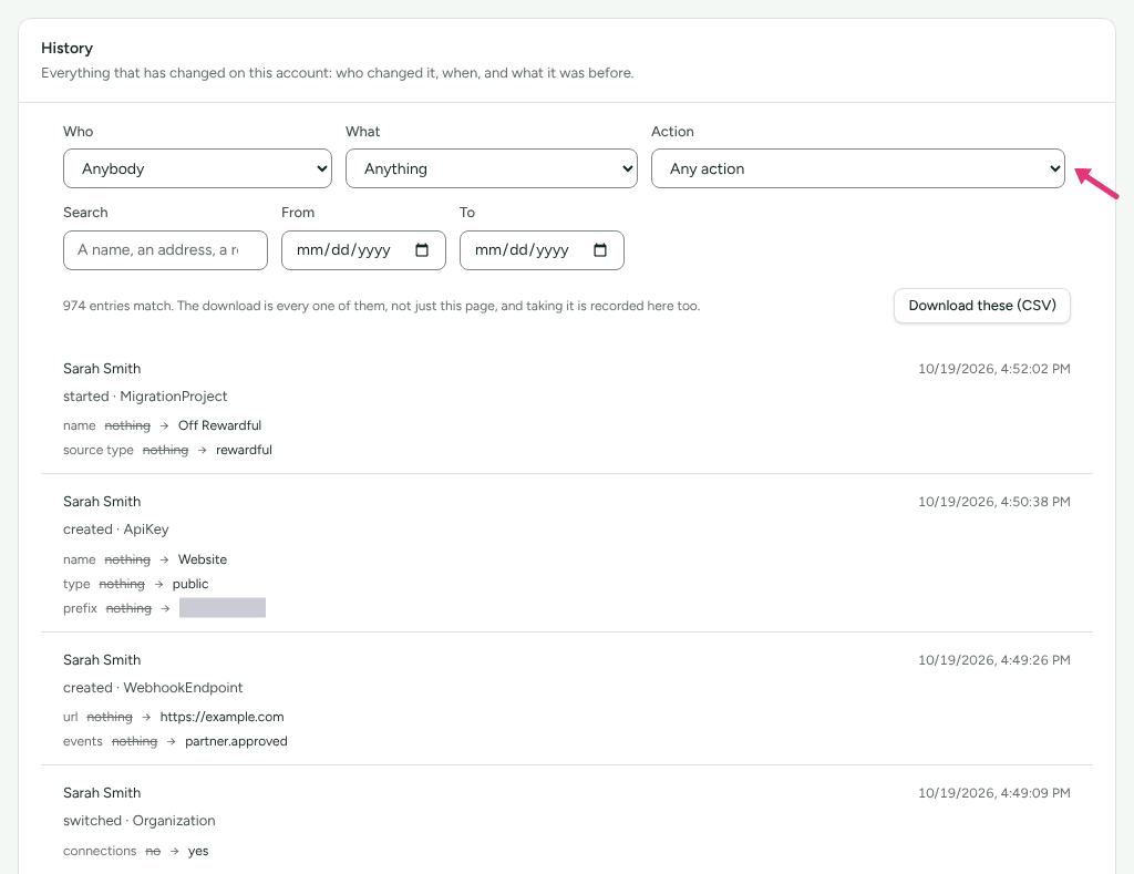 The History card on Settings › Developer › History with its filters for who, what, action, search and dates, with an arrow at Action.