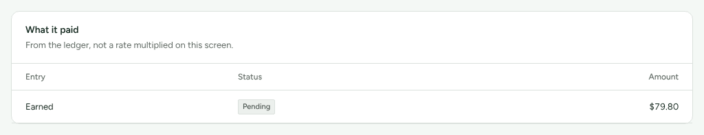 The What it paid card, listing the earned commission this sale wrote, its status and its amount.