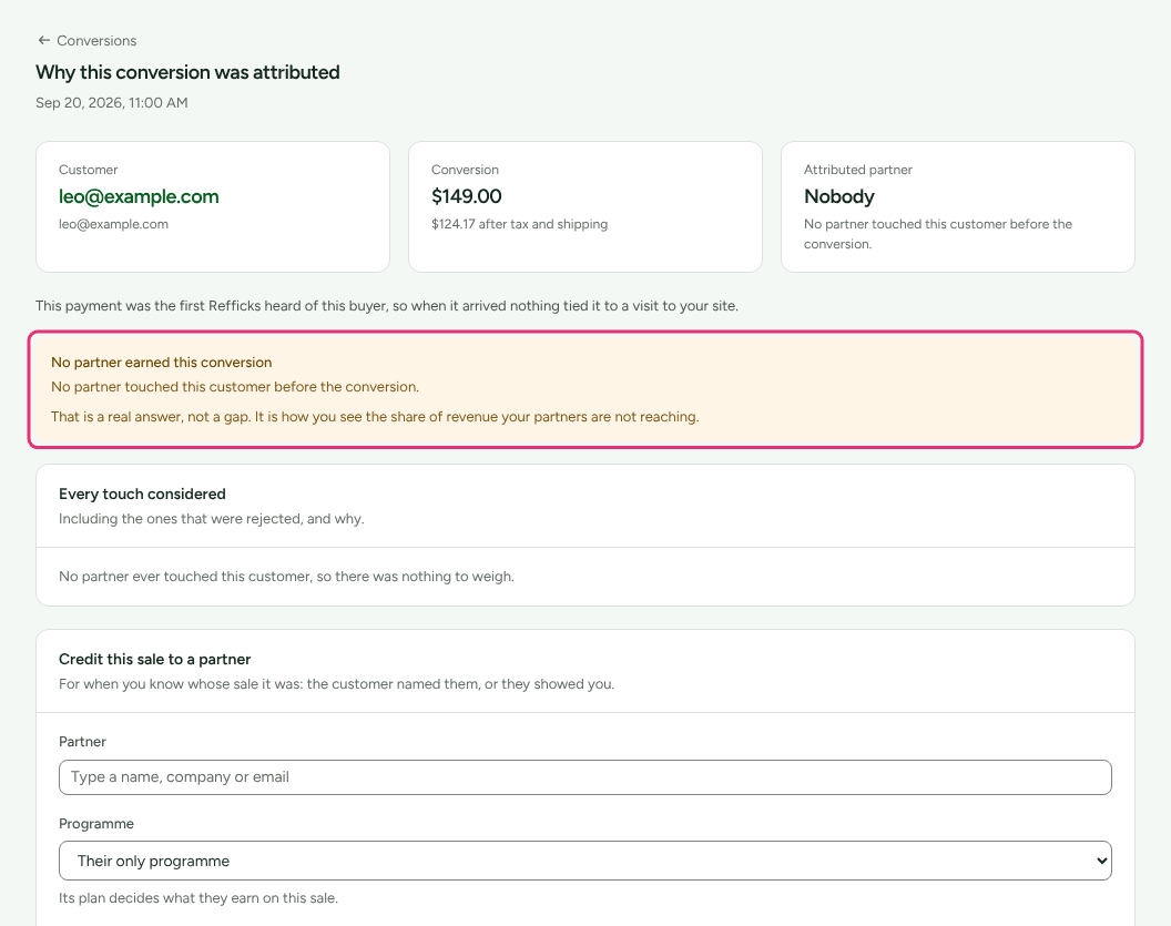 A sale credited to nobody, with the No partner earned this conversion box outlined and the Credit this sale to a partner card below.