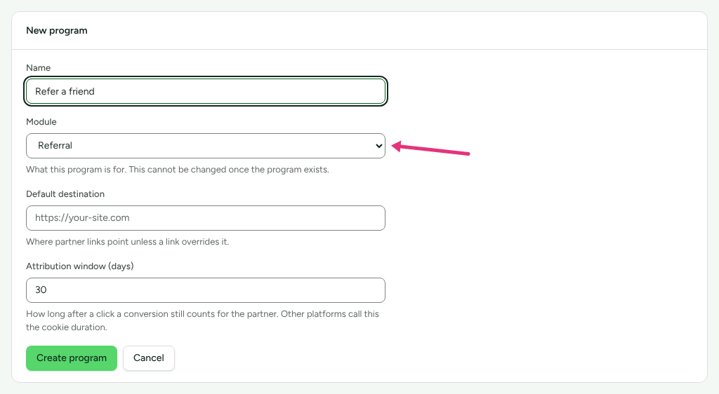 The New program form on Programs with Referral chosen as the module, with an arrow at Module.
