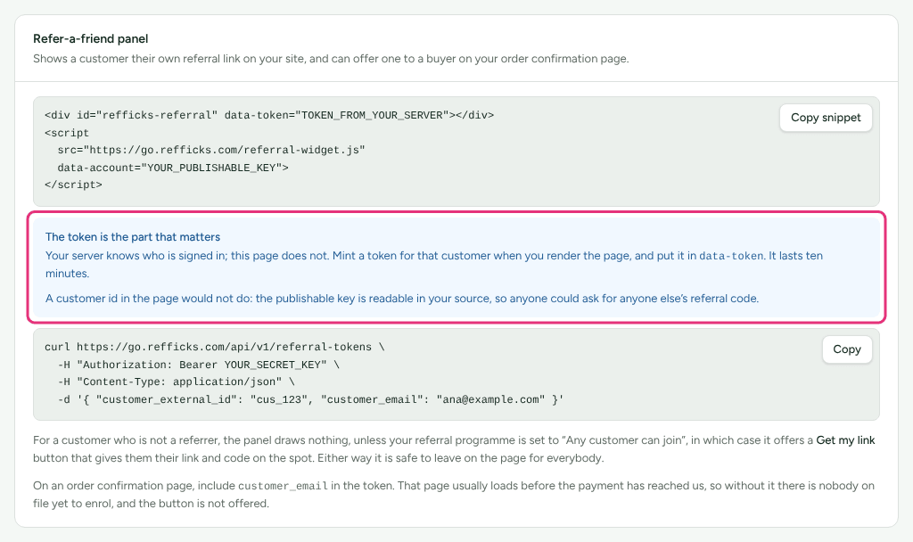 The Refer-a-friend panel card on Integrations › Developer, showing the snippet, with the note about the token outlined.