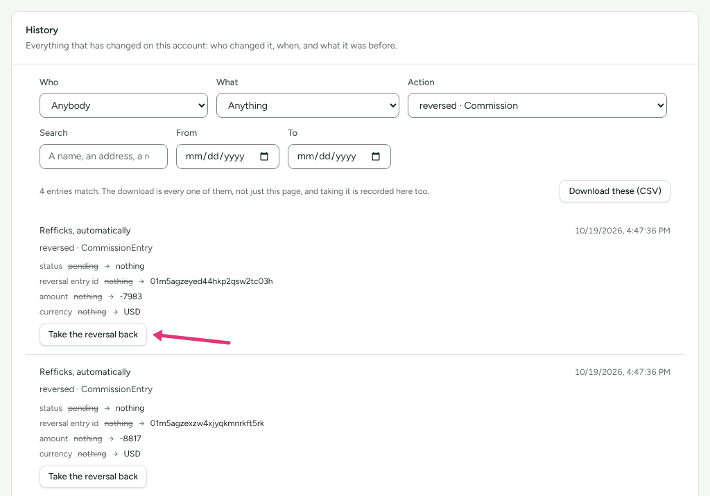 Settings › Developer › History listing a commission reversal, with an arrow at its Take the reversal back button.