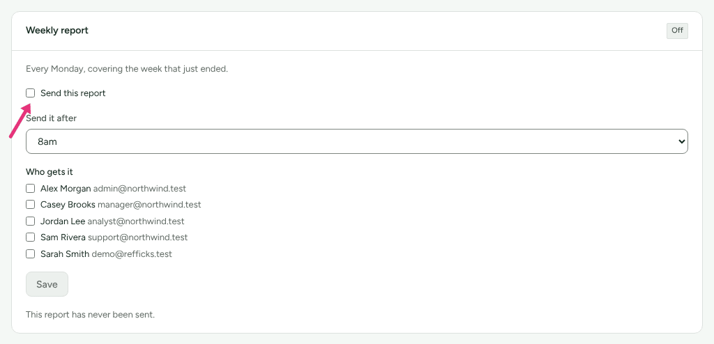 The Weekly report card on Settings › Partners and payouts › Scheduled reports, with an arrow at Send this report.