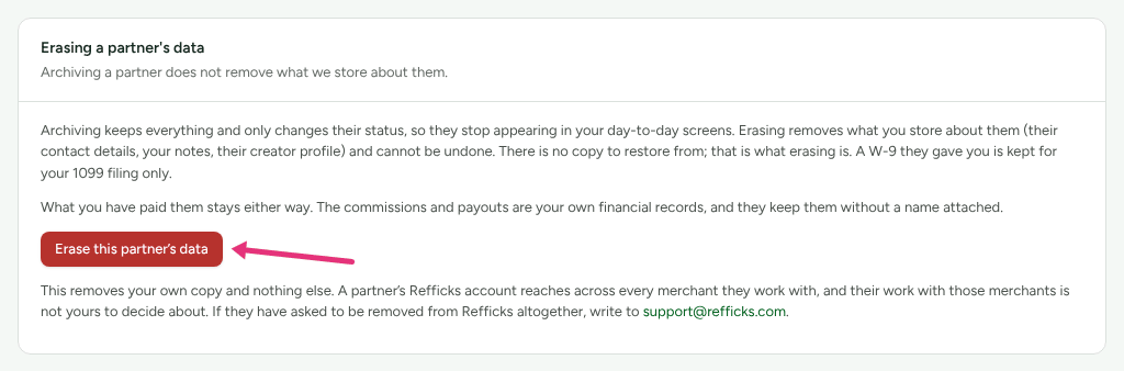 The Erasing a partner's data card, opened from the Account section of an archived partner's page, with an arrow at Erase this partner's data.