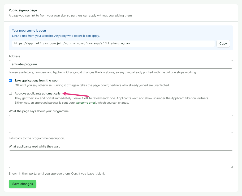 The Public signup page card on Affiliate Program, with an arrow at the Approve applicants automatically box.