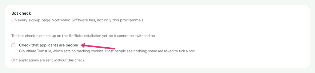 The Bot check card on a program's page where the bot check is not set up yet, with an arrow at Check that applicants are people.