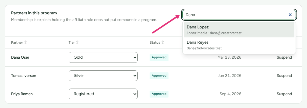 The Partners in this program card with a name typed into Partner to add and the matching partners listed, with an arrow at the search box.