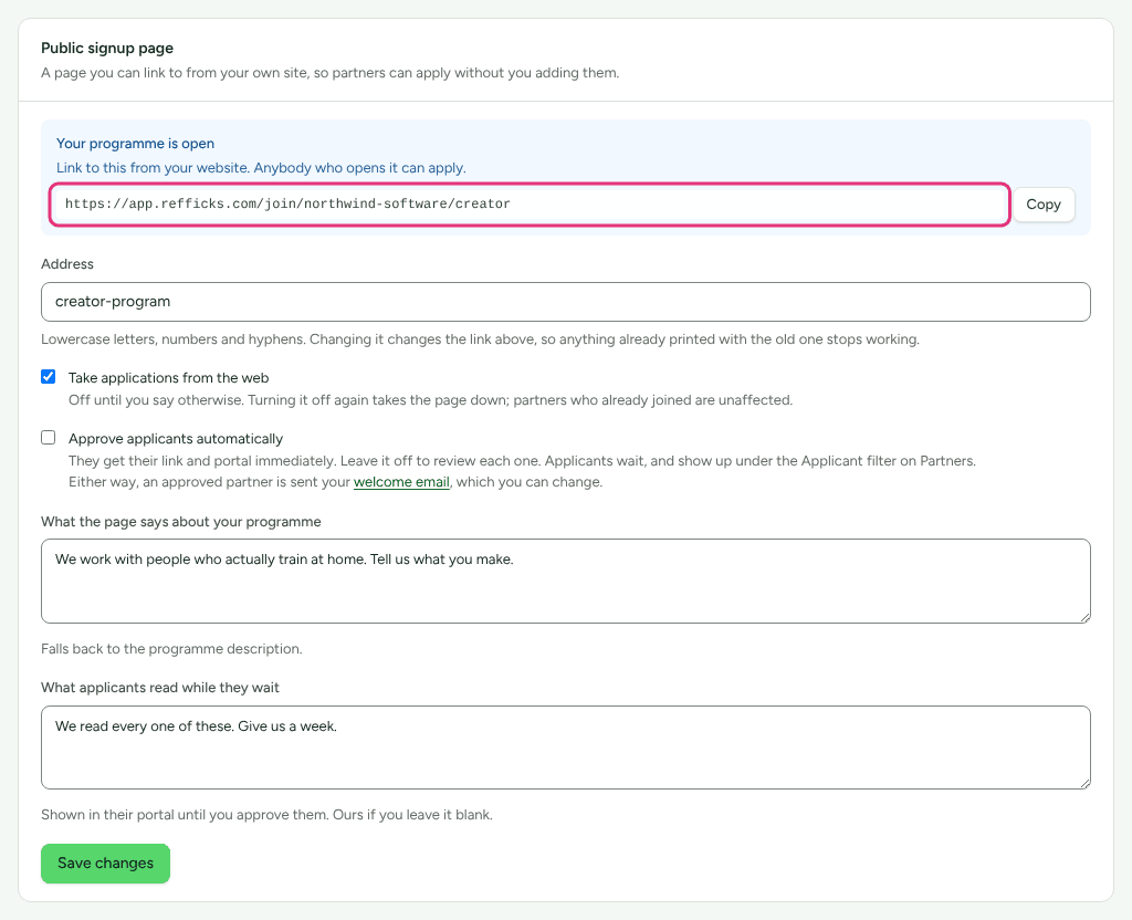 A creator program's Public signup page card, its address ending in /creator because another kind of program is open too, with the address outlined.