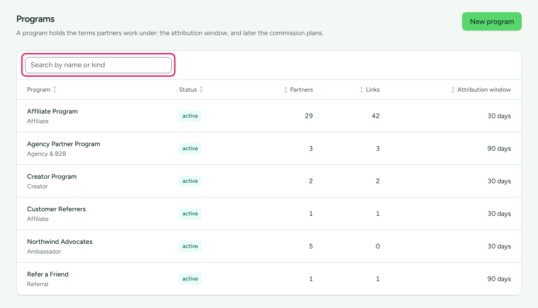 The Programs list with several programs of different kinds, with the search box outlined.