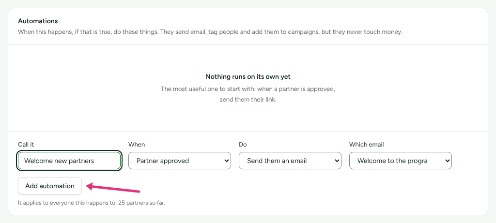 The Automations card on Campaigns with Welcome new partners, Partner approved, Send them an email and Welcome to the programme chosen, and an arrow at Add automation.
