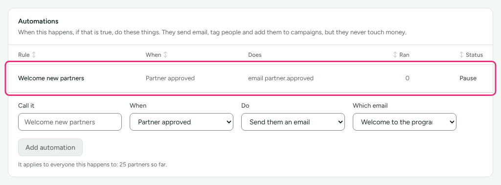 The Automations table with the Welcome new partners rule outlined: Partner approved, email partner.approved, and a Pause button.