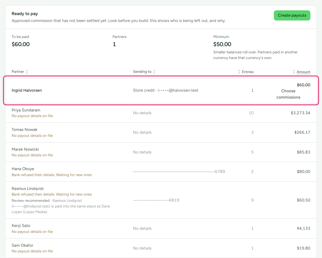 The Ready to pay card with a partner owed store credit outlined, its Sending to column reading Store credit.