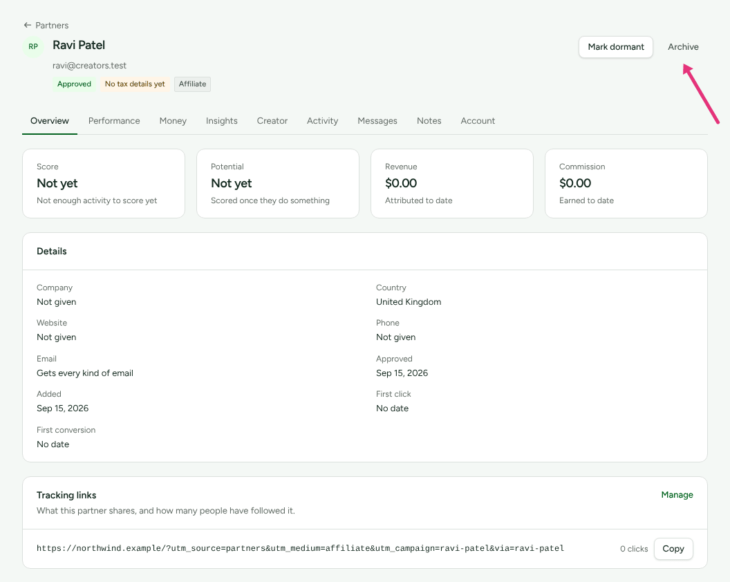 Ravi Patel's partner page, with an arrow at the Archive button at the top right.