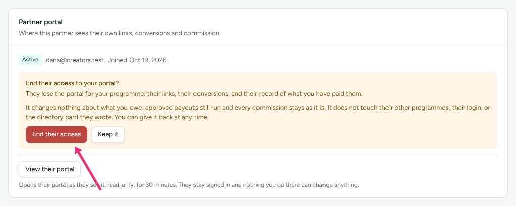 The Partner portal card in Dana Lopez's Account section asking End their access to your portal?, with an arrow at the End their access button that confirms it.