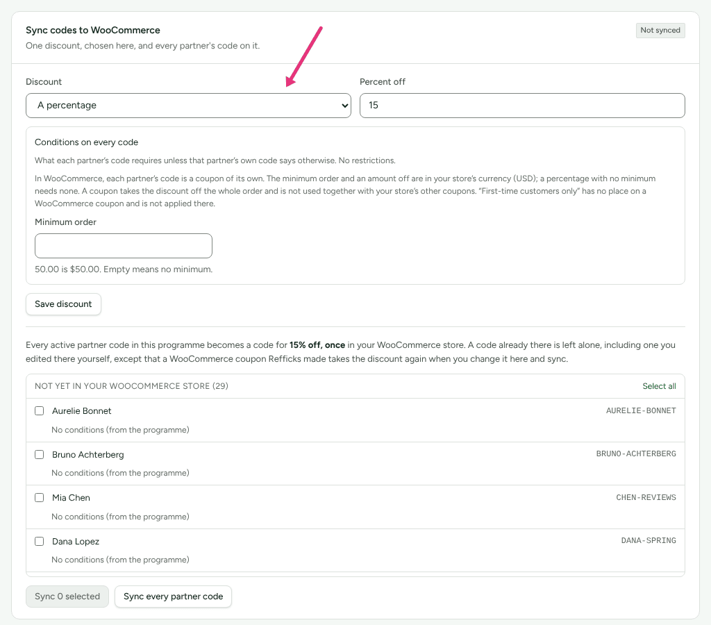The Sync codes to WooCommerce card on the Affiliate Program page, the demo's store, with an arrow at the Discount choice.