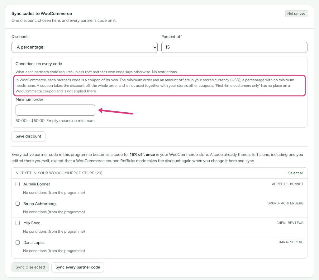 The Conditions on every code section of the Sync codes card, with the note on how WooCommerce applies the conditions outlined and an arrow at Minimum order.