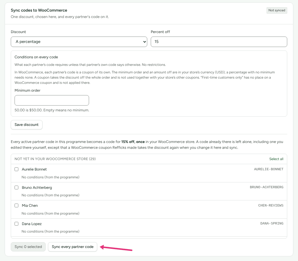 The list of partner codes not yet synced on the Sync codes card, with an arrow at Sync every partner code.