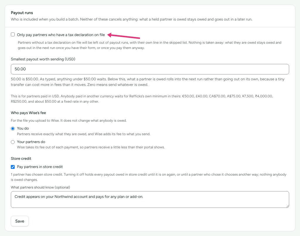 The Payout runs card on Settings › Partners and payouts › Payout runs, with an arrow at Only pay partners who have a tax declaration on file.