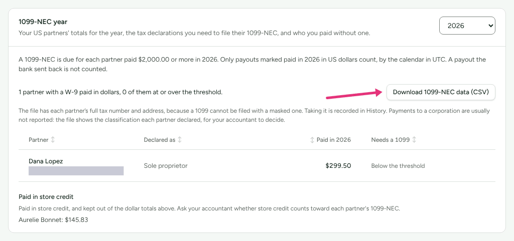 The 1099-NEC year card for 2026, with Dana Lopez's W-9 row and its tax number masked, the partner paid in store credit below it, and an arrow at Download 1099-NEC data (CSV).
