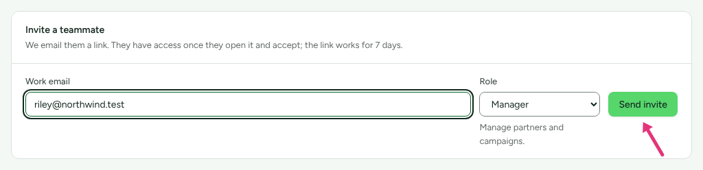 The Invite a teammate card on Settings › Workspace › Team with a work email filled in, with an arrow at Send invite.