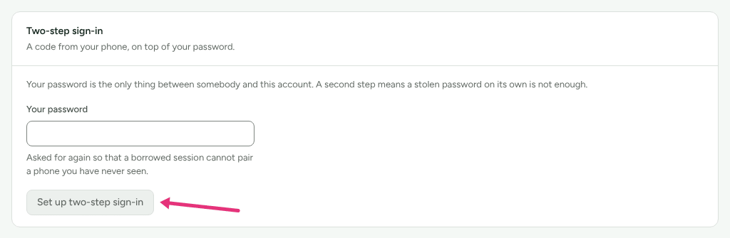 The Two-step sign-in card on Settings › You › Security, with the password field and an arrow at Set up two-step sign-in.