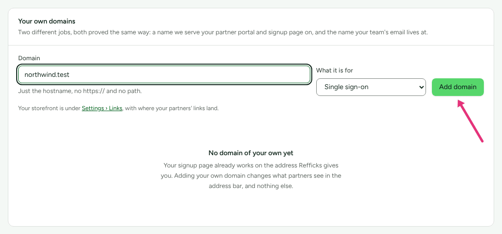 The Your own domains card on Settings › Workspace › Domains with a domain typed and Single sign-on chosen, with an arrow at Add domain.