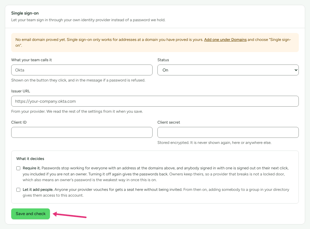 The Single sign-on card on Settings › Workspace › Single sign-on with the provider fields and the two choices, with an arrow at Save and check.