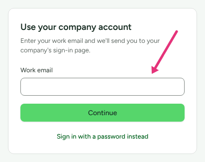 The Use your company account panel on the Refficks sign-in page, with an arrow at the Work email field.