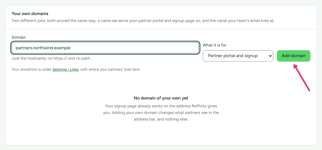 The Your own domains card on Settings › Workspace › Domains with a domain typed in, with an arrow at Add domain.