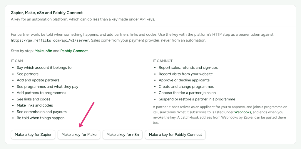 The Zapier, Make, n8n and Pabbly Connect card on Integrations › Developer, listing what the key can and cannot do, with an arrow at Make a key for Make.