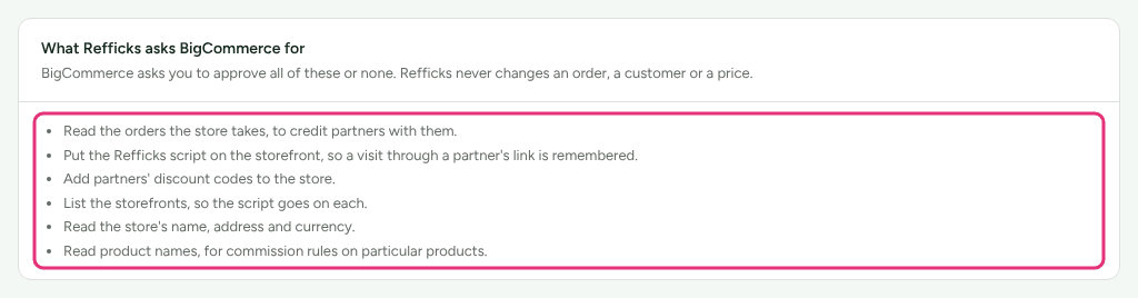 The What Refficks asks BigCommerce for card on the BigCommerce page, listing the six permissions.