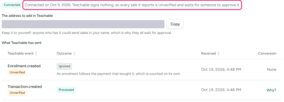 The Teachable connection, with the sentence saying Teachable signs nothing, so every sale is Unverified and waits for approval, outlined.