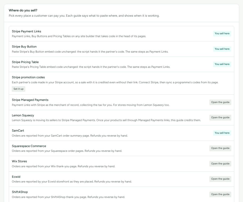 The top of the Where do you sell? card on Integrations › Where you sell, one row per guide saying what that route does, each marked You sell here or Open the guide.