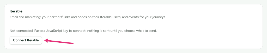The Iterable card on Integrations › Connections, with an arrow at Connect Iterable.