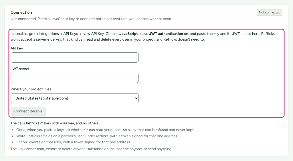 The Connection card on the Iterable page, with the form for the JavaScript API key, its JWT secret and the data centre outlined.
