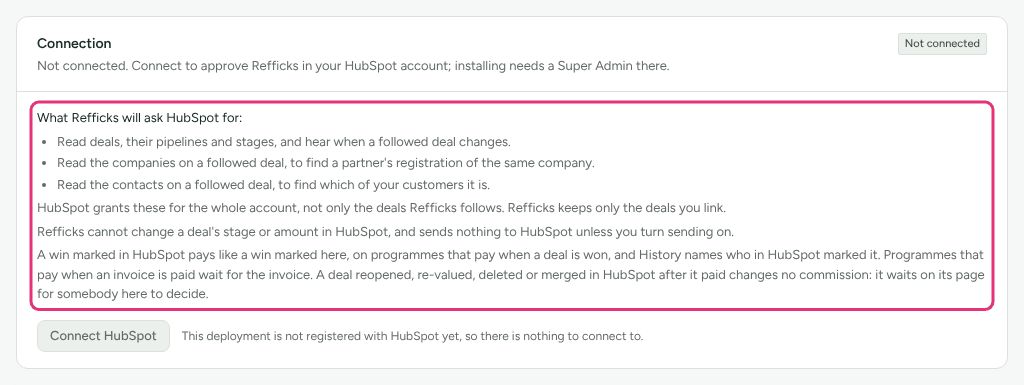 The Connection card on the HubSpot page, with what Refficks will ask HubSpot for outlined: the deals, companies and contacts it reads, and what it never changes.