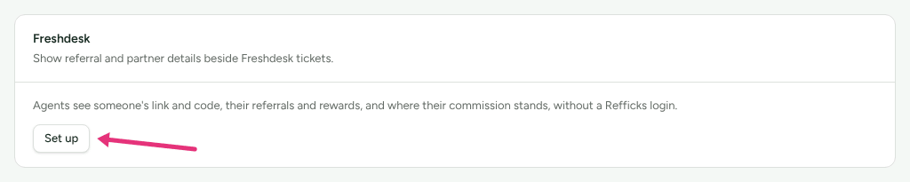 The Freshdesk card on Integrations › Connections, with an arrow at Set up.