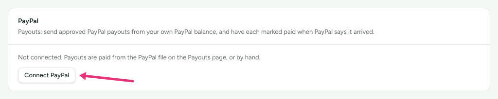 The PayPal card on Integrations › Connections, saying payouts are paid from the PayPal file until it is connected, with an arrow at Connect PayPal.