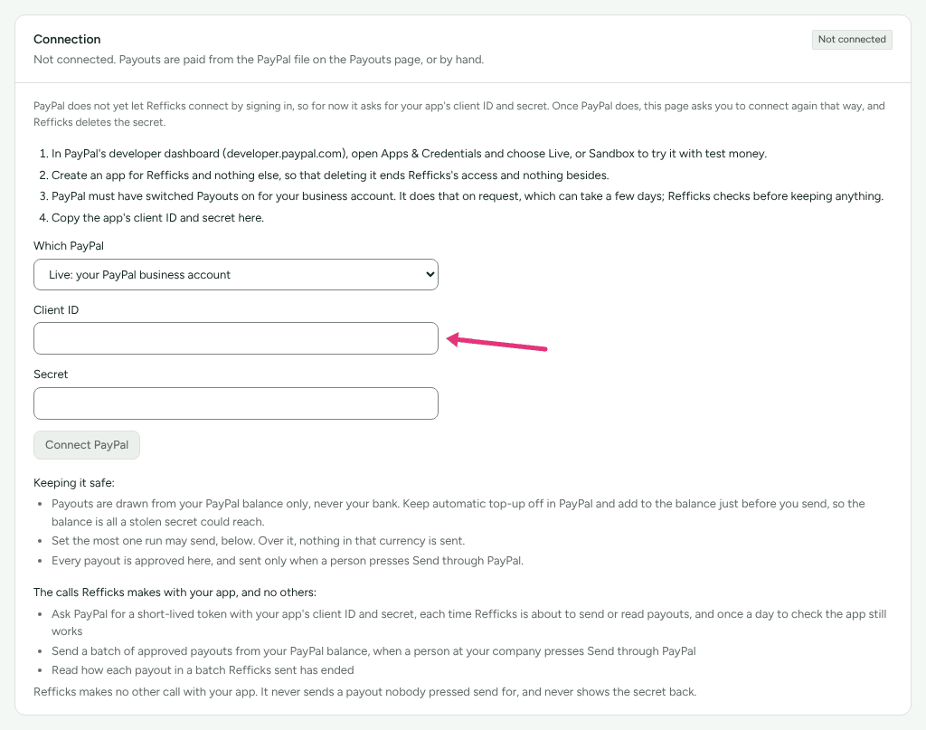 The Connection card on Integrations › PayPal, with the four steps, Which PayPal, Client ID and Secret, and an arrow at Client ID.