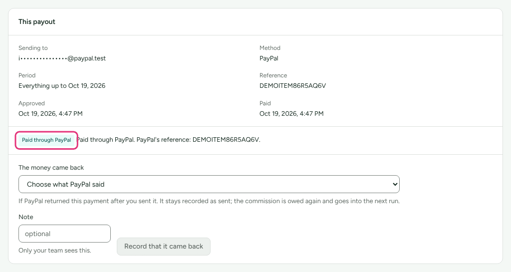 A payout to Ingrid Halvorsen sent through PayPal, its This payout card with the Paid through PayPal badge outlined beside PayPal's reference.