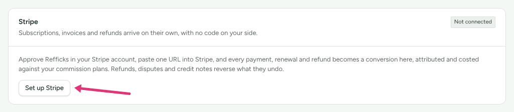 The Stripe card on Integrations › Connections, with an arrow at Set up Stripe.