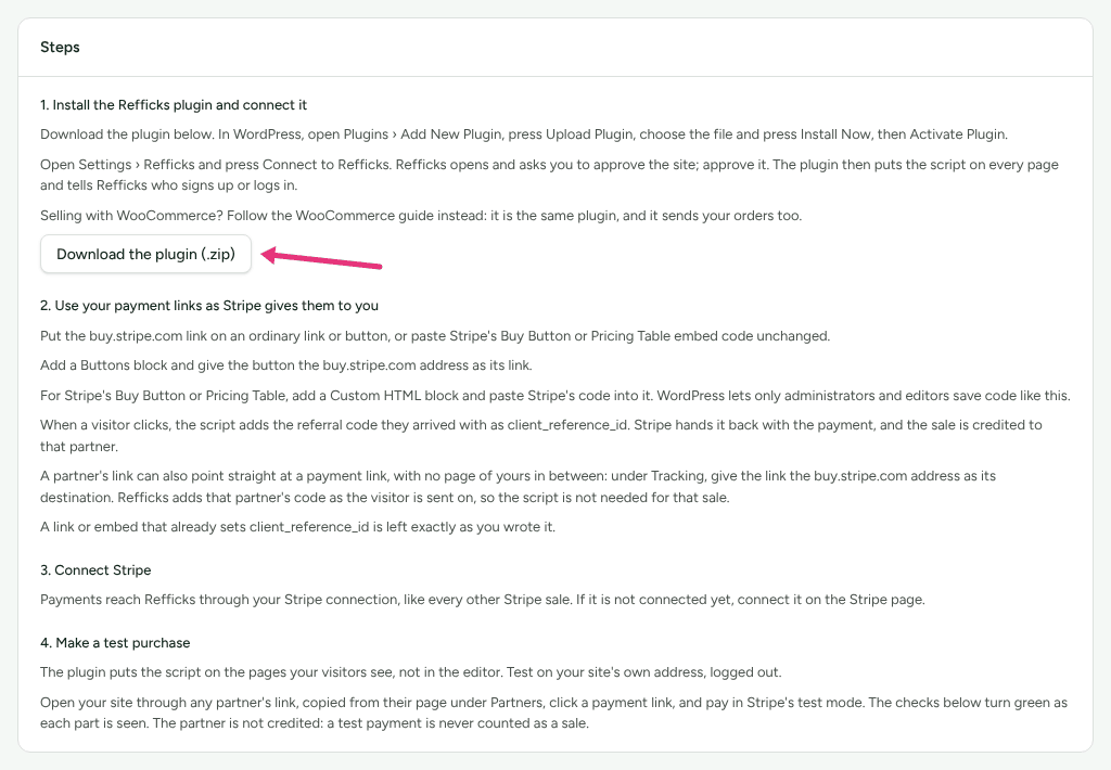 The Steps card on the WordPress guide, with an arrow at Download the plugin (.zip).
