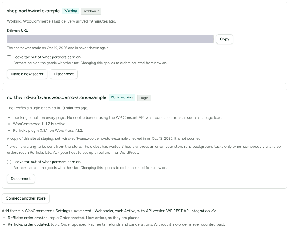 The WooCommerce guide's connection step with two connected stores, one by webhooks (its address masked) and one by the plugin, above the Connect another store button.