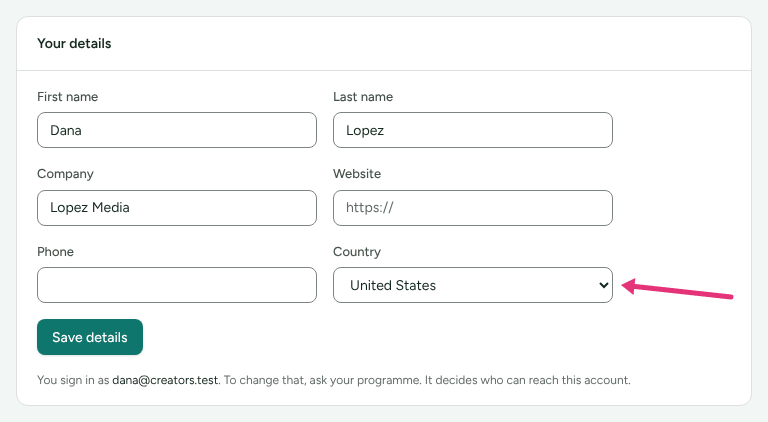 The Your details card on Profile with name, company, website, phone and country, with an arrow at Country.