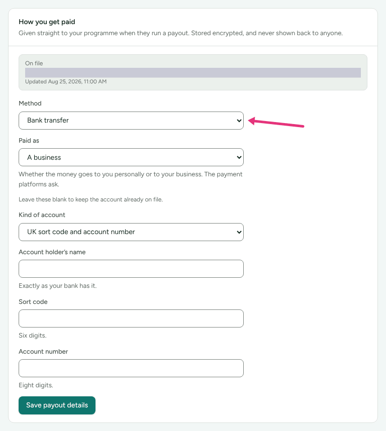 The How you get paid card with the details on file shown only as a masked hint, with an arrow at Method.