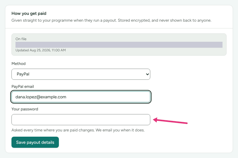 The How you get paid form switched to PayPal with a PayPal email typed, asking for Your password, with an arrow at the password box.